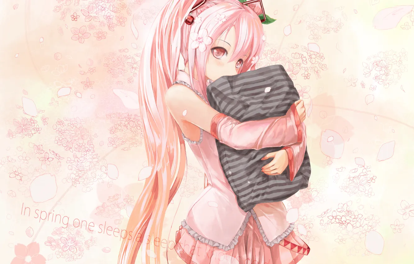 Фото обои взгляд, девушка, подушка, vocaloid, объятья, вокалоид, art, sakura miku