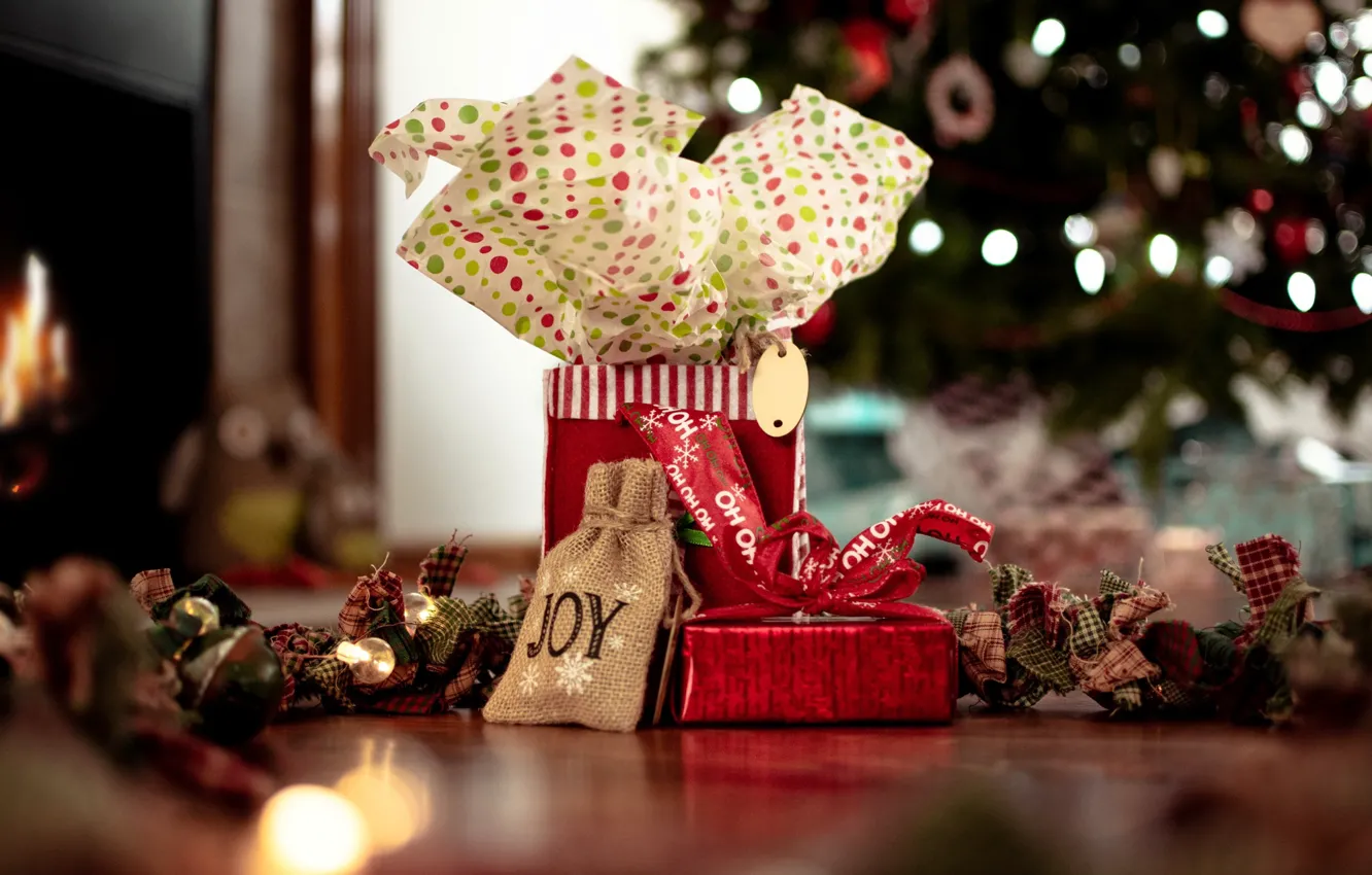 Фото обои подарок, Новый год, гирлянда, Christmas, New Year