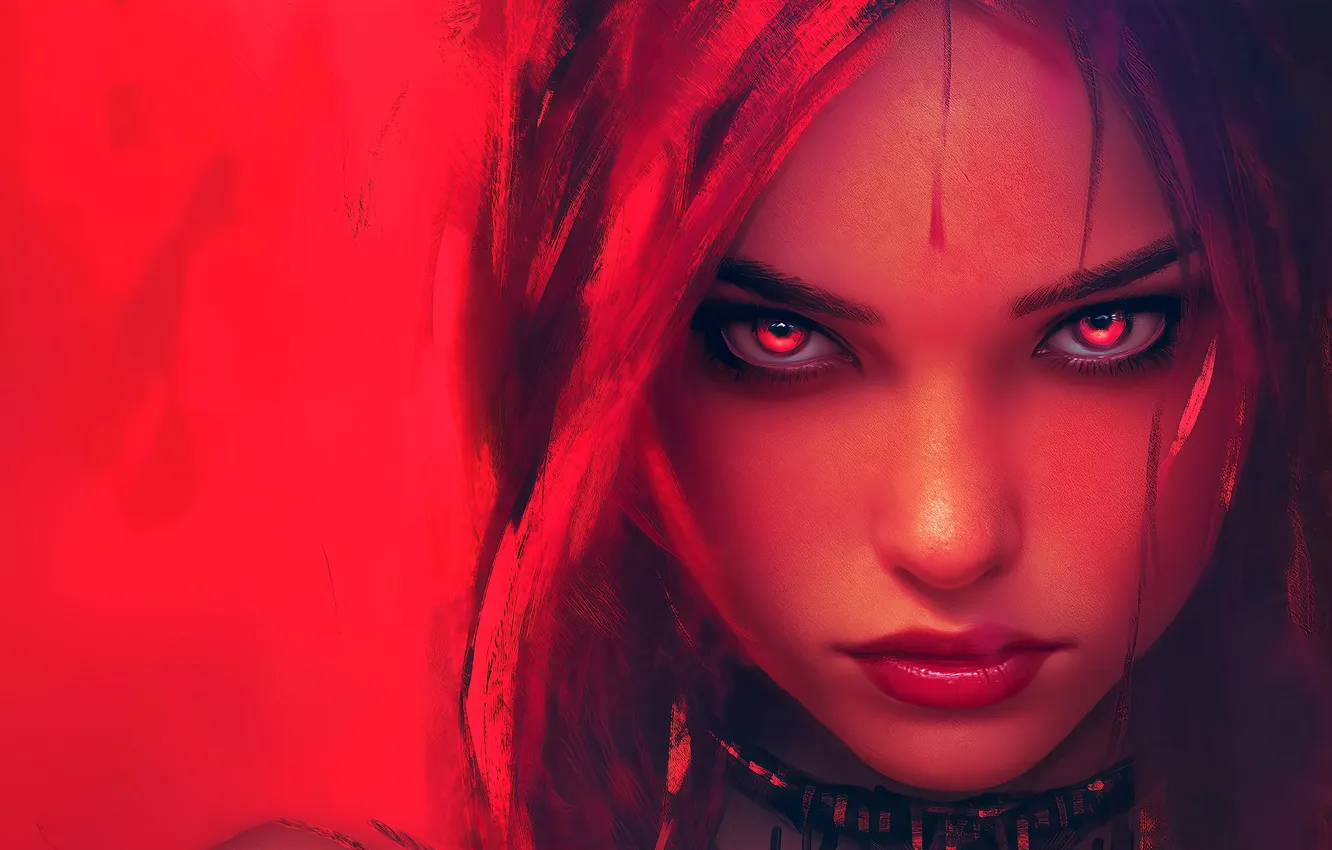 Фото обои Girl, red, red eyes, face, digital art, artwork, illustration, closeup