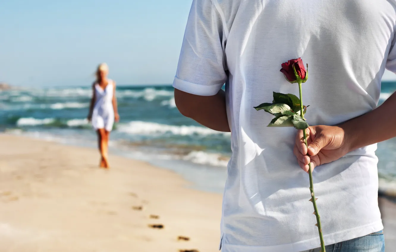Фото обои песок, море, пляж, любовь, пара, love, rose, happy