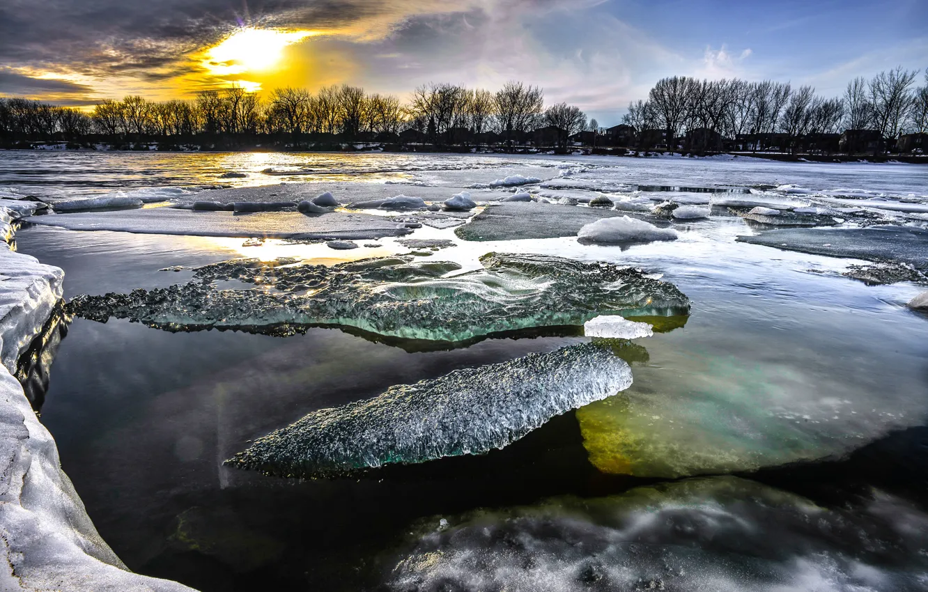 Фото обои река, лёд, утро