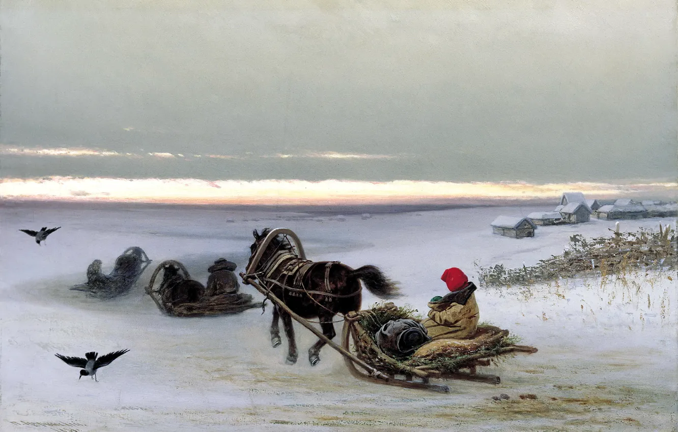 Фото обои зима, снег, закат, люди, дома, картина, лошади, вороны