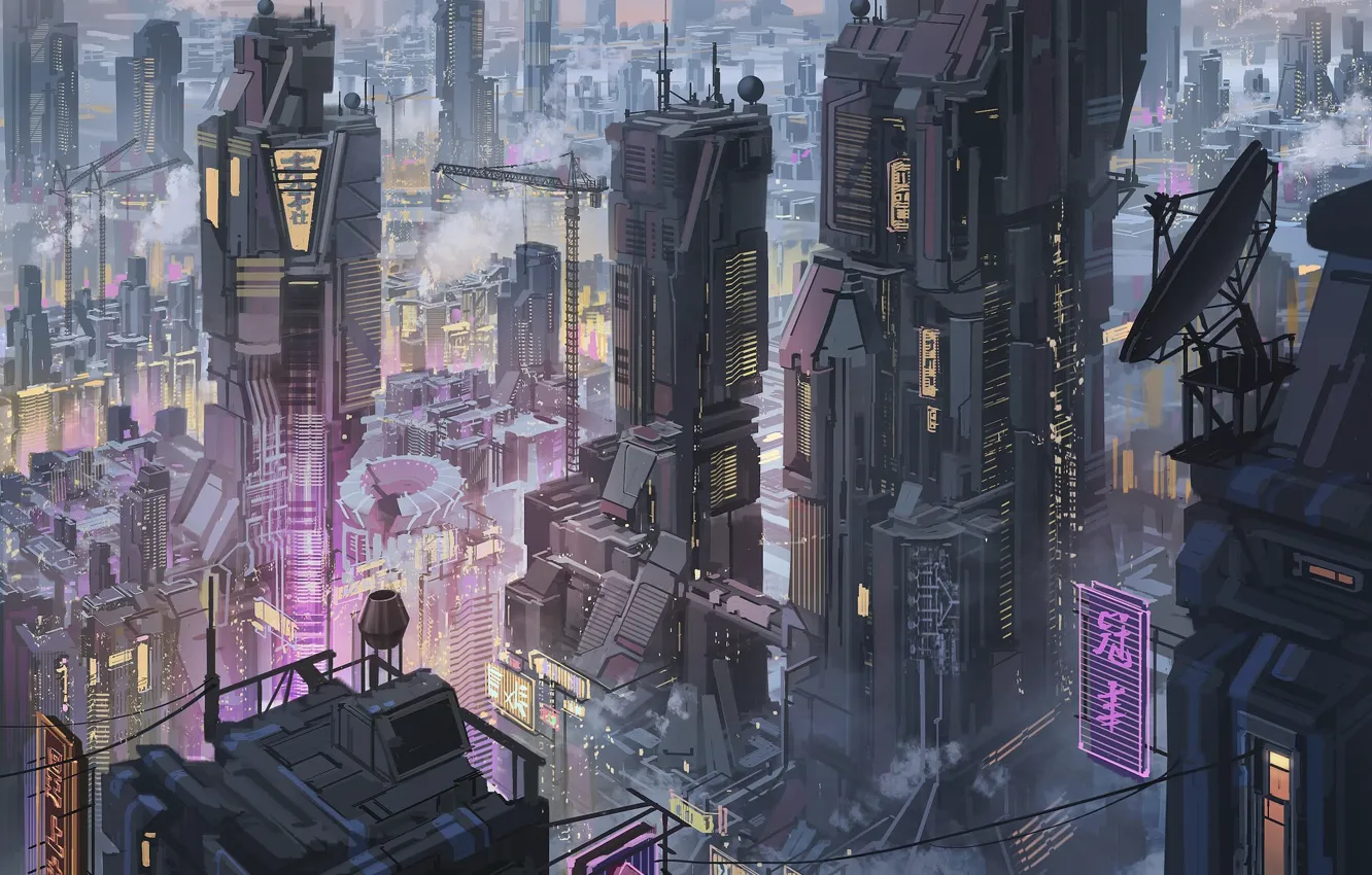 Фото обои City, Fantasy, Art, Illustration, Concept Art, Cyberpunk, Environments, Anthony Brault