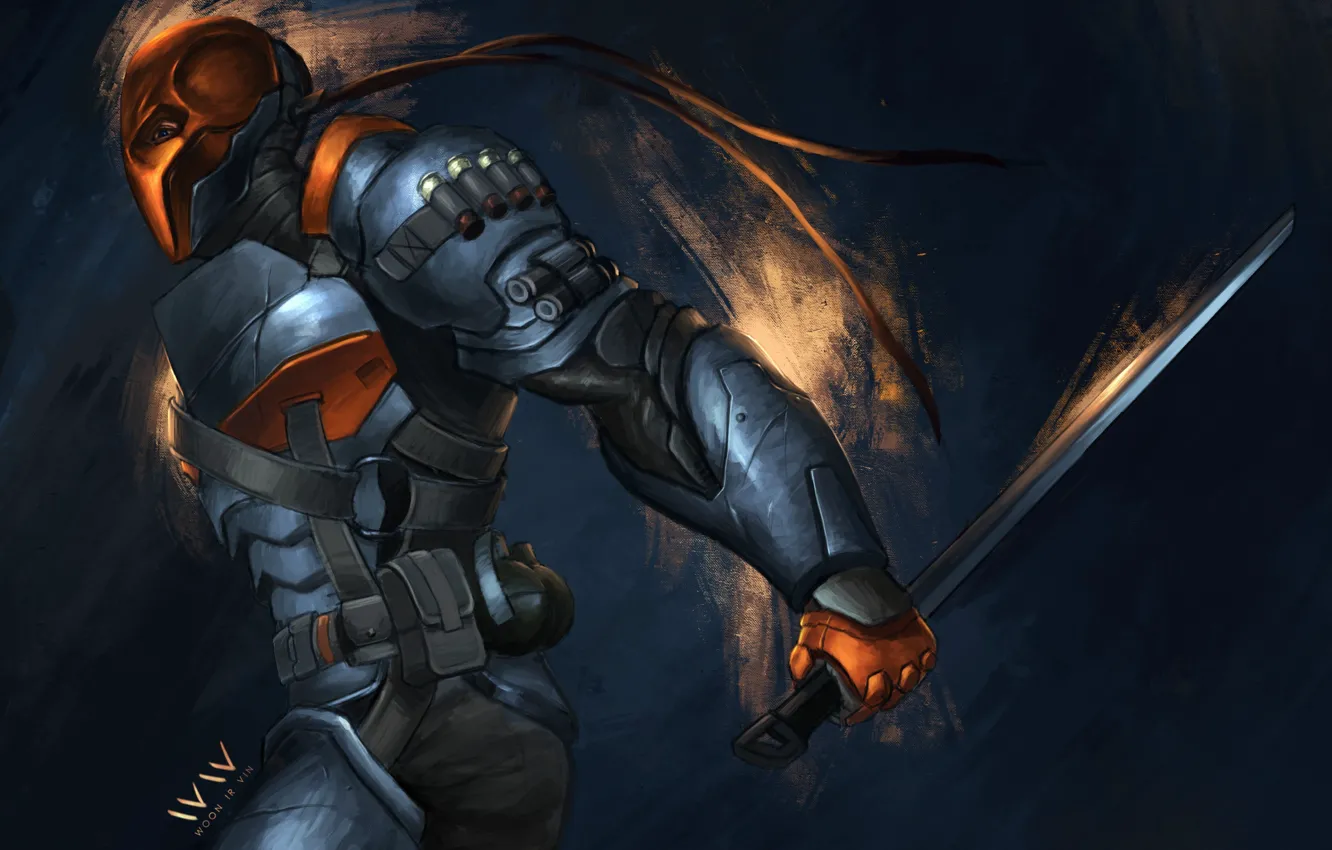 Фото обои меч, маска, арт, броня, Batman: Arkham Origins, Deathstroke