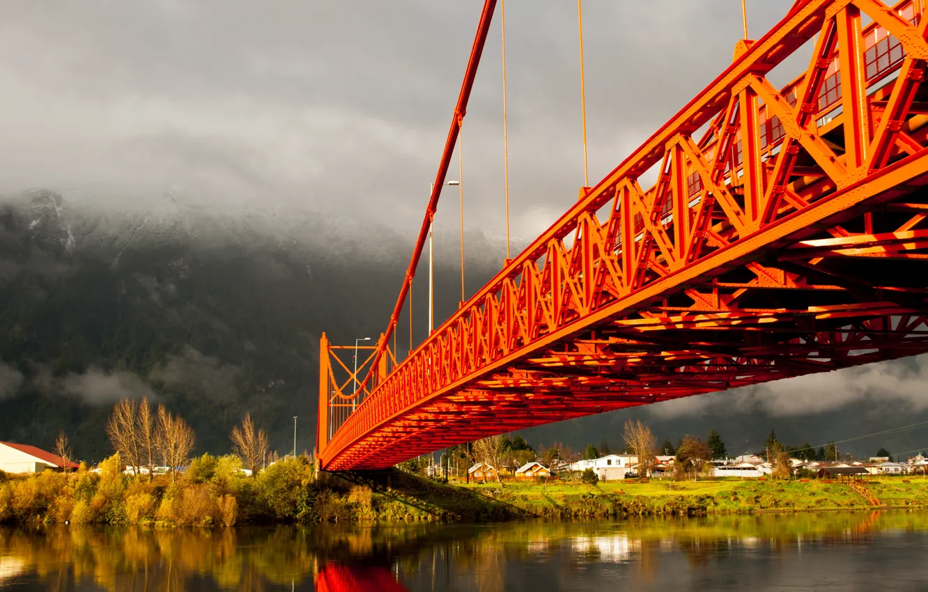Фото обои river, mountains, clouds, Chile, Patagonia, South America, Aysen, Presidente Ibáñez Bridge