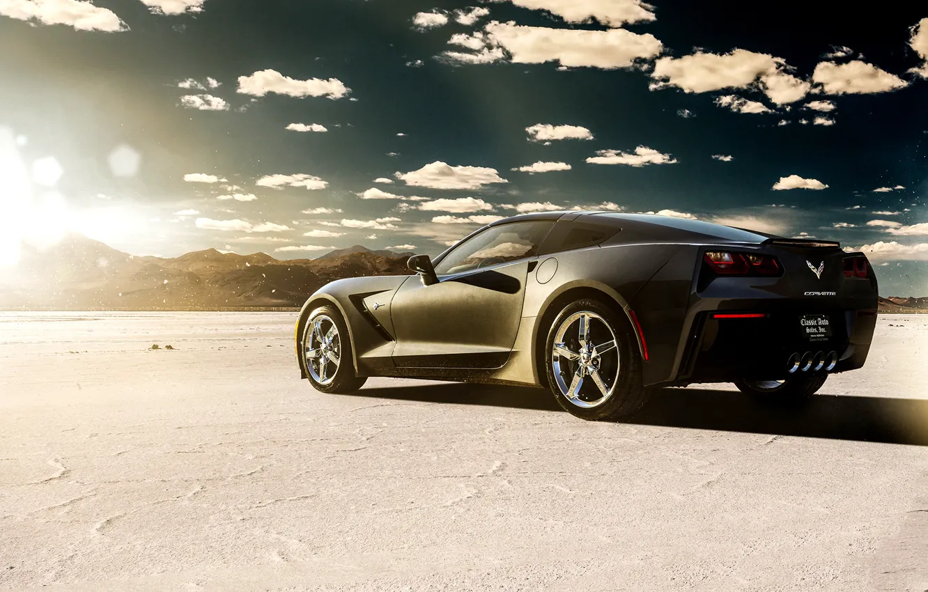 Фото обои car, озеро, пустыня, Corvette, Chevrolet, black, rear, Stingray