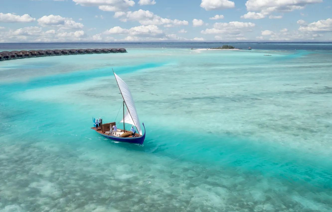 Фото обои острова, океан, лодка, парус, курорт, лагуна, fantastic Maldives, фантаcтика