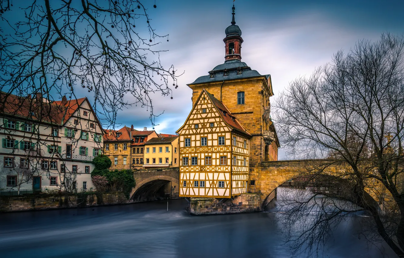 Фото обои деревья, мост, город, река, здания, Германия, ратуша, Бамберг