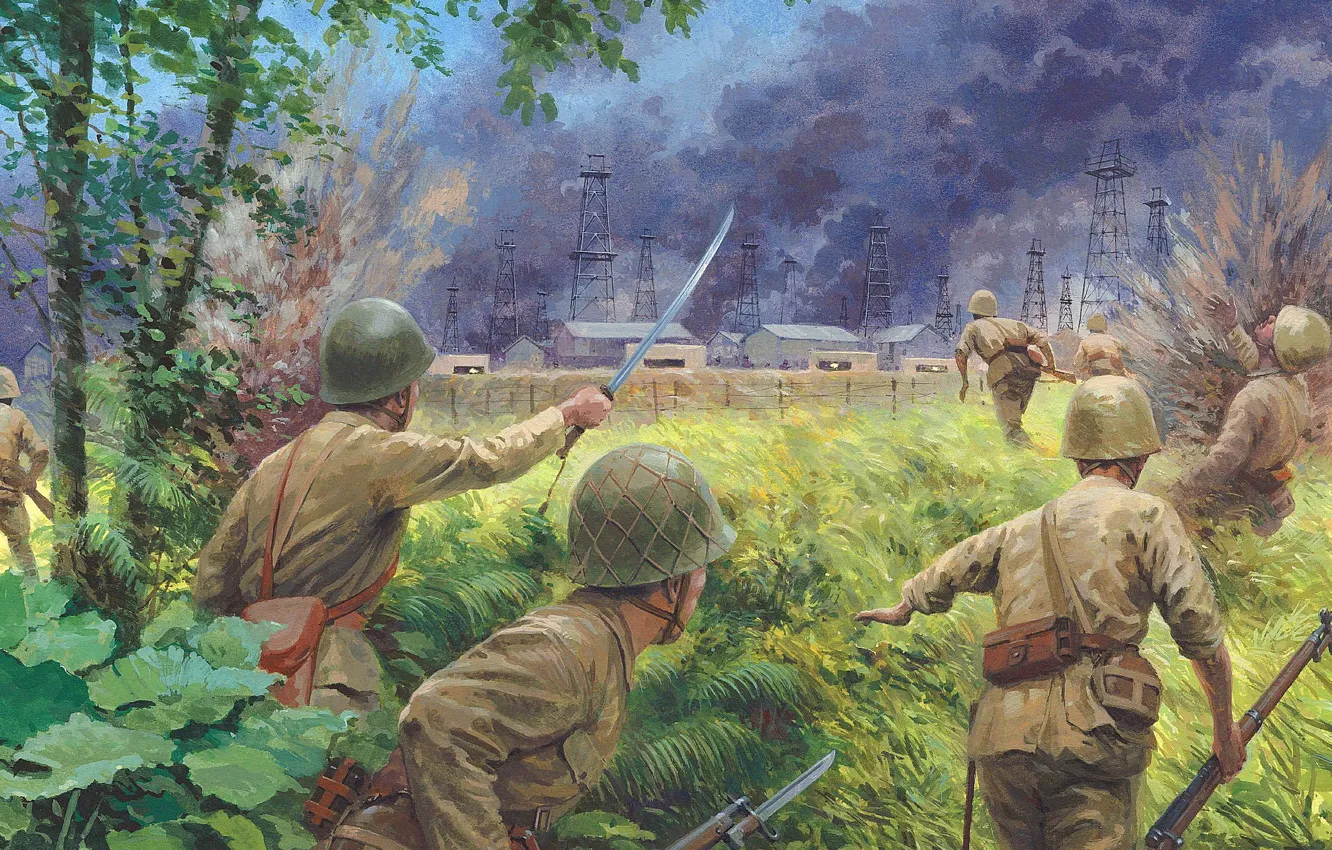 Фото обои Война, Взрыв, Бой, Солдаты, Арт, 1942, Винтовки, Японские Солдаты