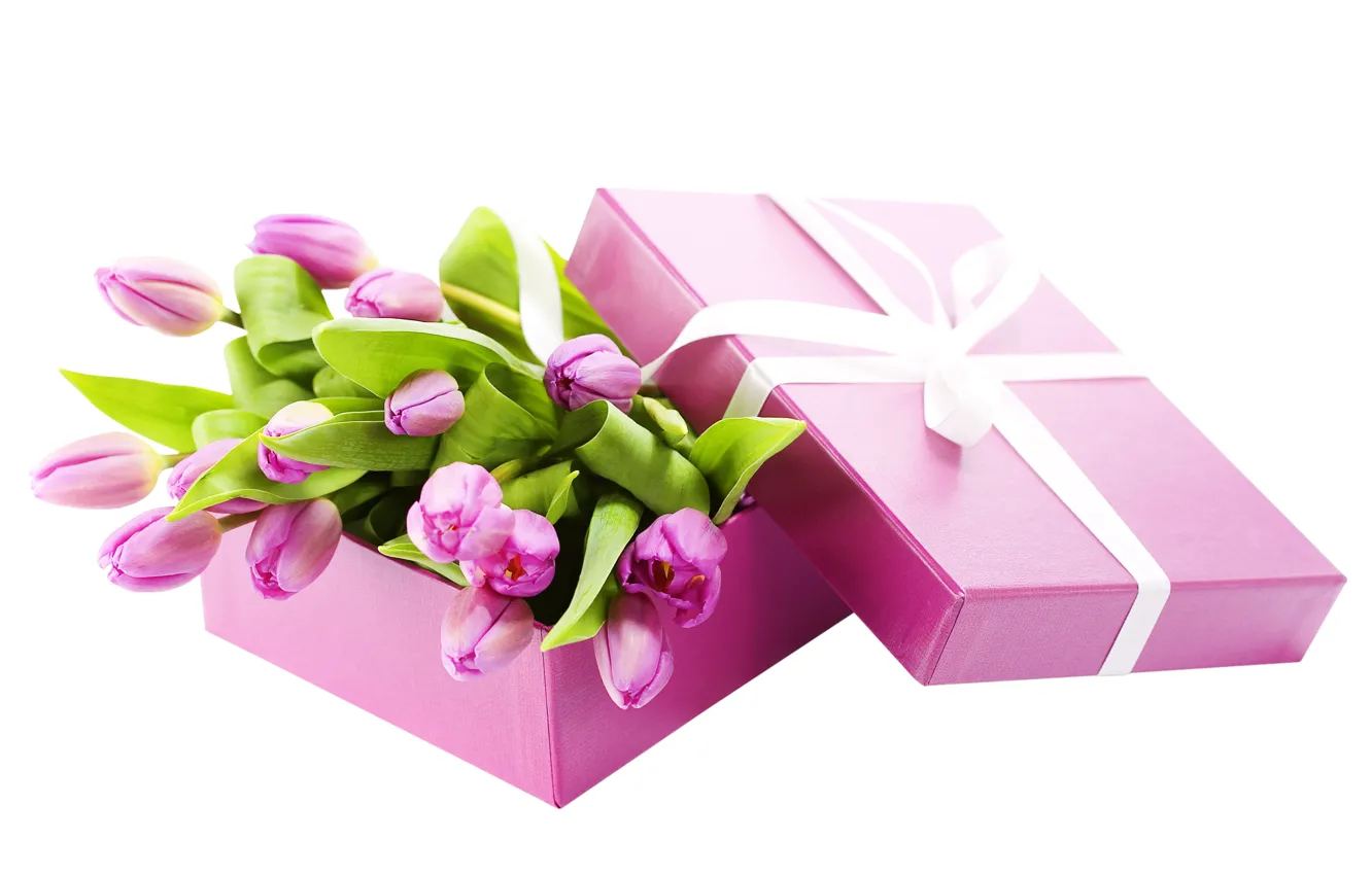 Фото обои коробка, букет, лента, тюльпаны