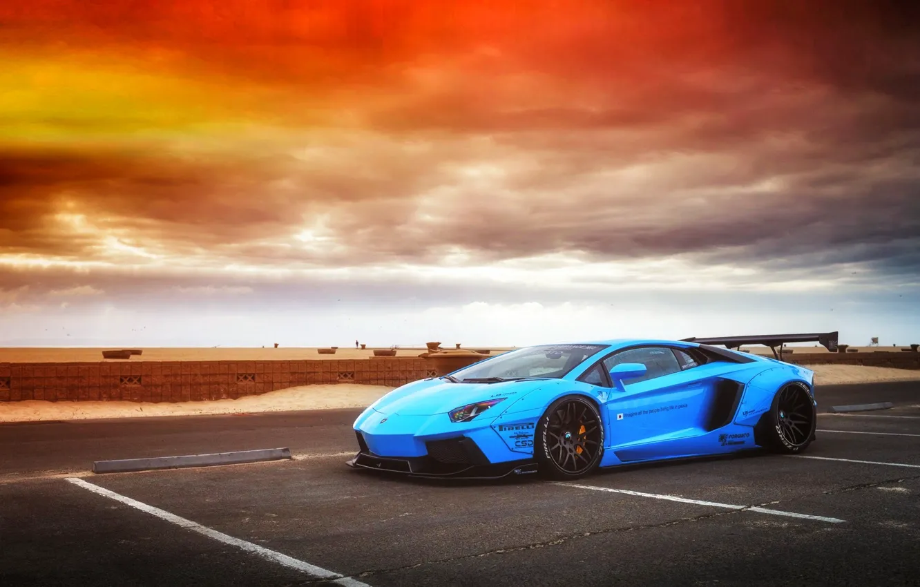 Фото обои Lamborghini, Sky, Blue, Front, Sunset, Aventador, Supercar, LP720-4