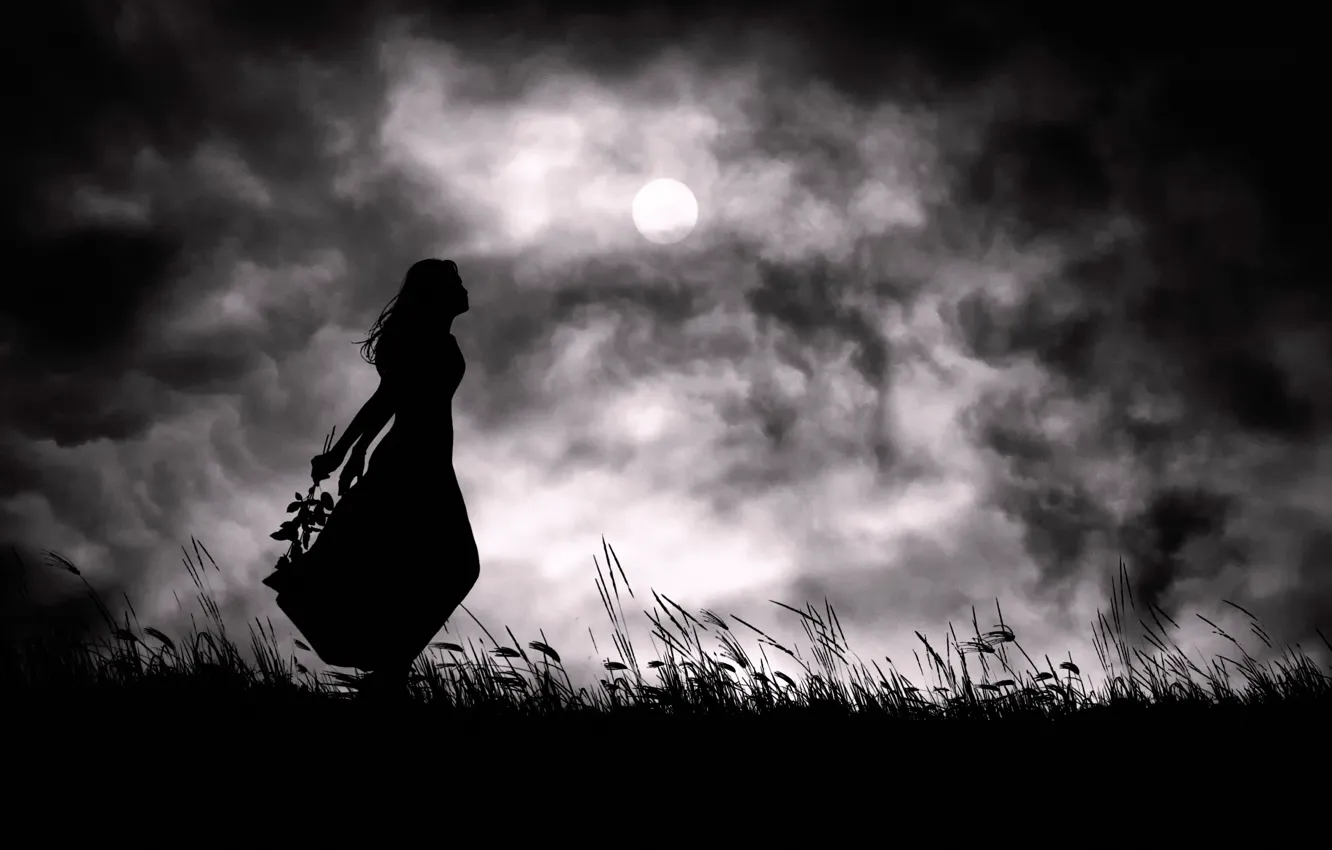 Фото обои девушка, ночь, луна, силуэт, my loneliness