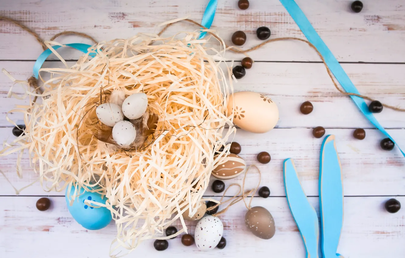 Фото обои праздник, яйца, Пасха, гнездо, сено