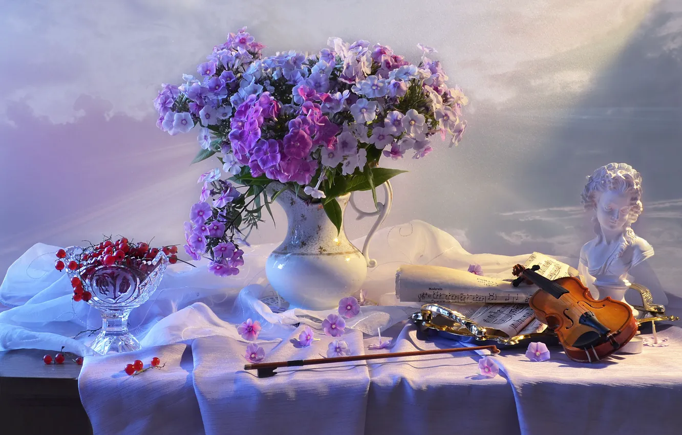 Фото обои цветы, ягоды, ноты, скрипка, розетка, ткань, скульптура, кувшин