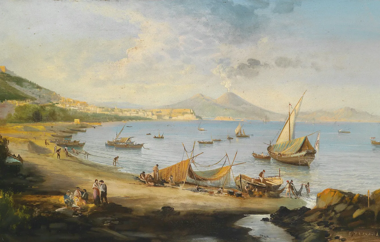 Фото обои картина, живопись, painting, Fishermen in the Bay of Naples, Ferrante