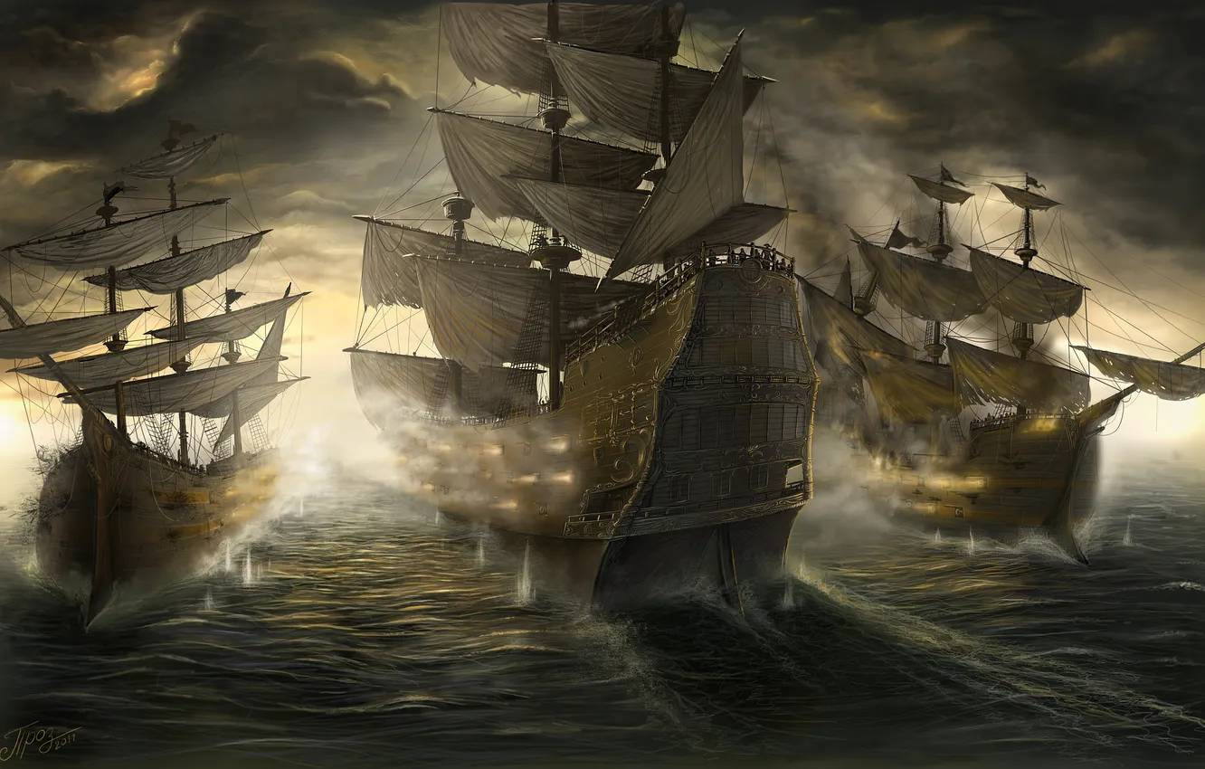 Фото обои море, тучи, корабли, битва, сражение, TamplierPainter