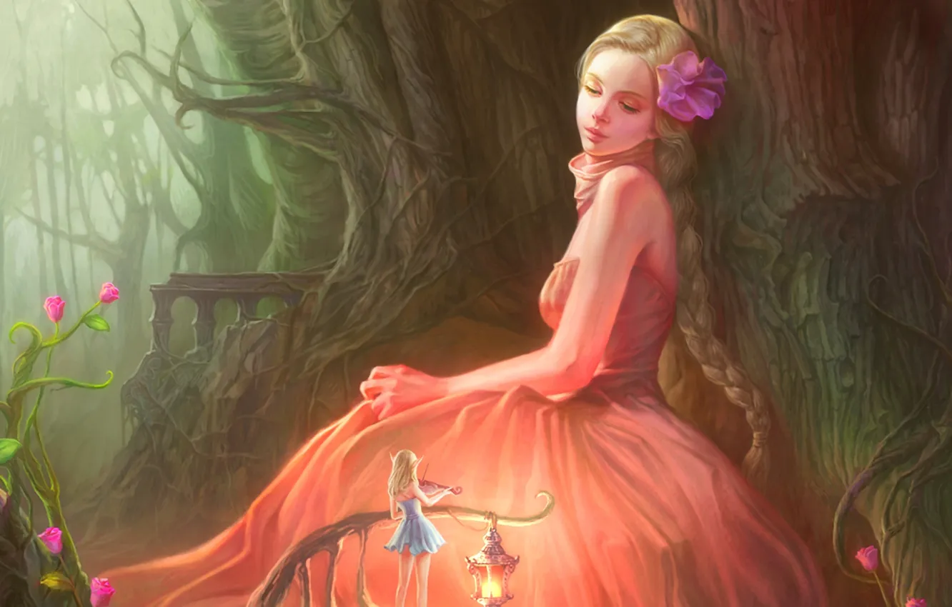 Фото обои лес, цветы, скрипка, Девушка, платье, фея, блондинка, фонарь