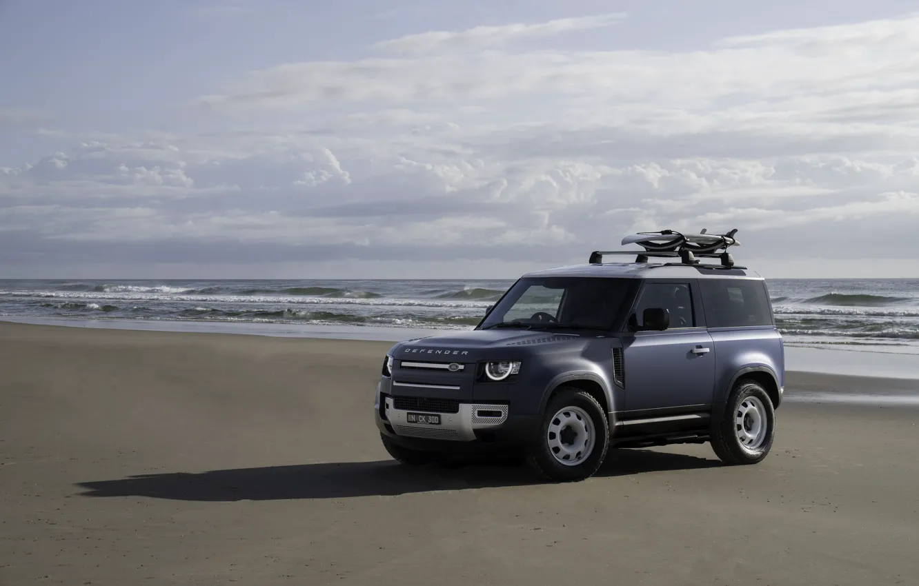 Фото обои car, Land Rover, sky, sea, Defender, Land Rover Defender 90 Pacific Blue Edition