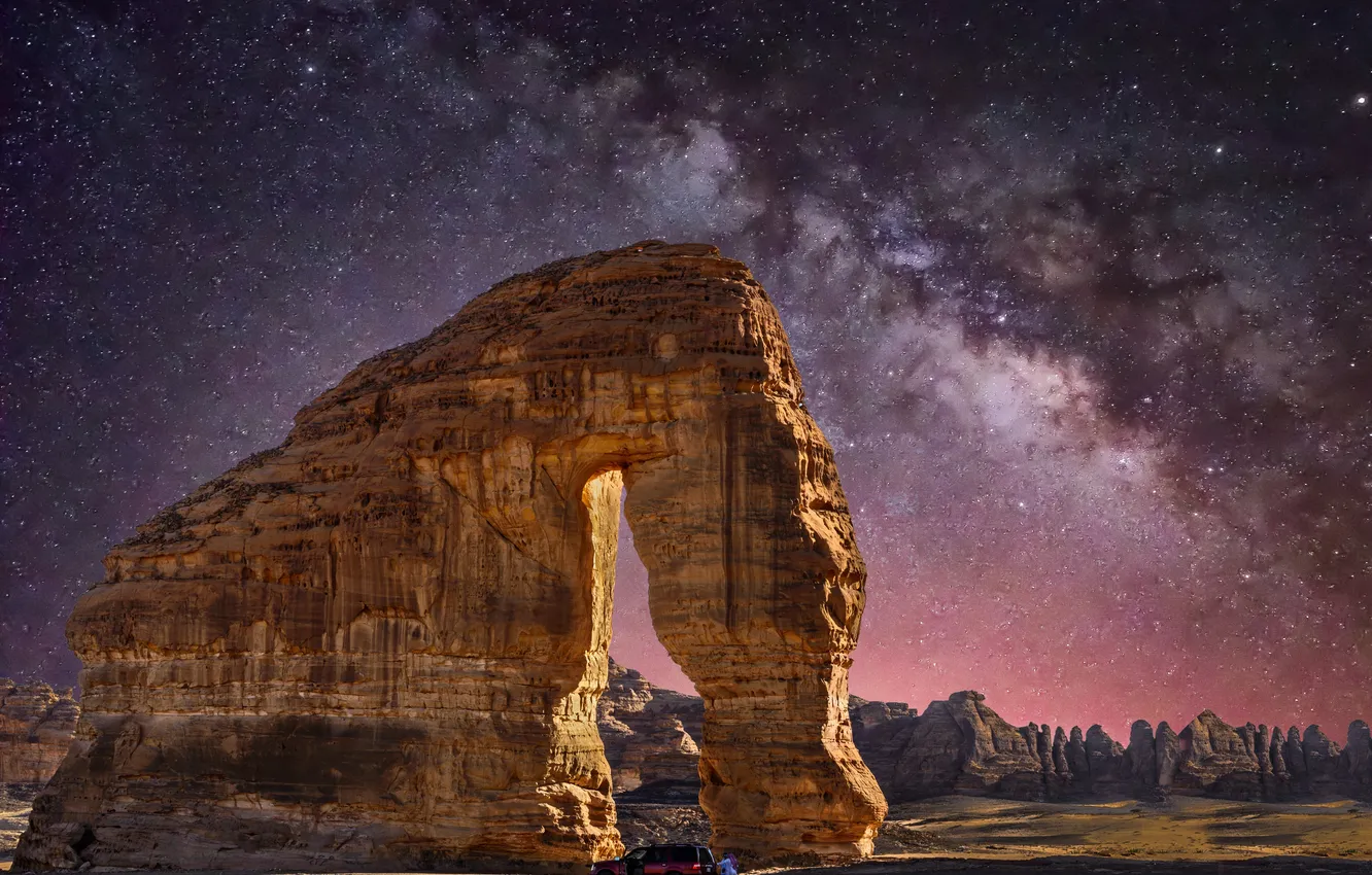 Фото обои light, rock, landscape, nature, nebula, night, planets, milky way