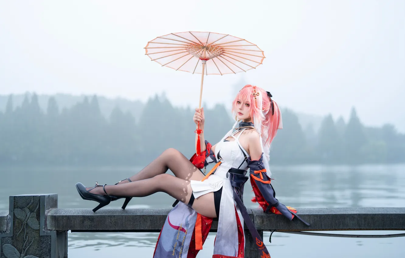 Фото обои Asian, long hair, women, cosplay, sitting, orange eyes, women outdoors, video game girls