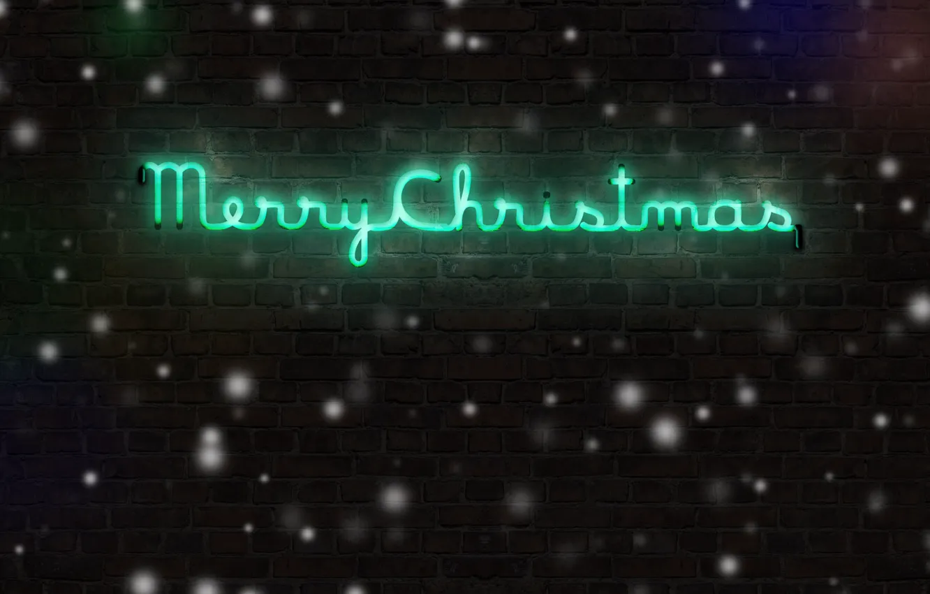 Фото обои зима, снег, стена, праздник, надпись, рождество, кирпич, merry christmas