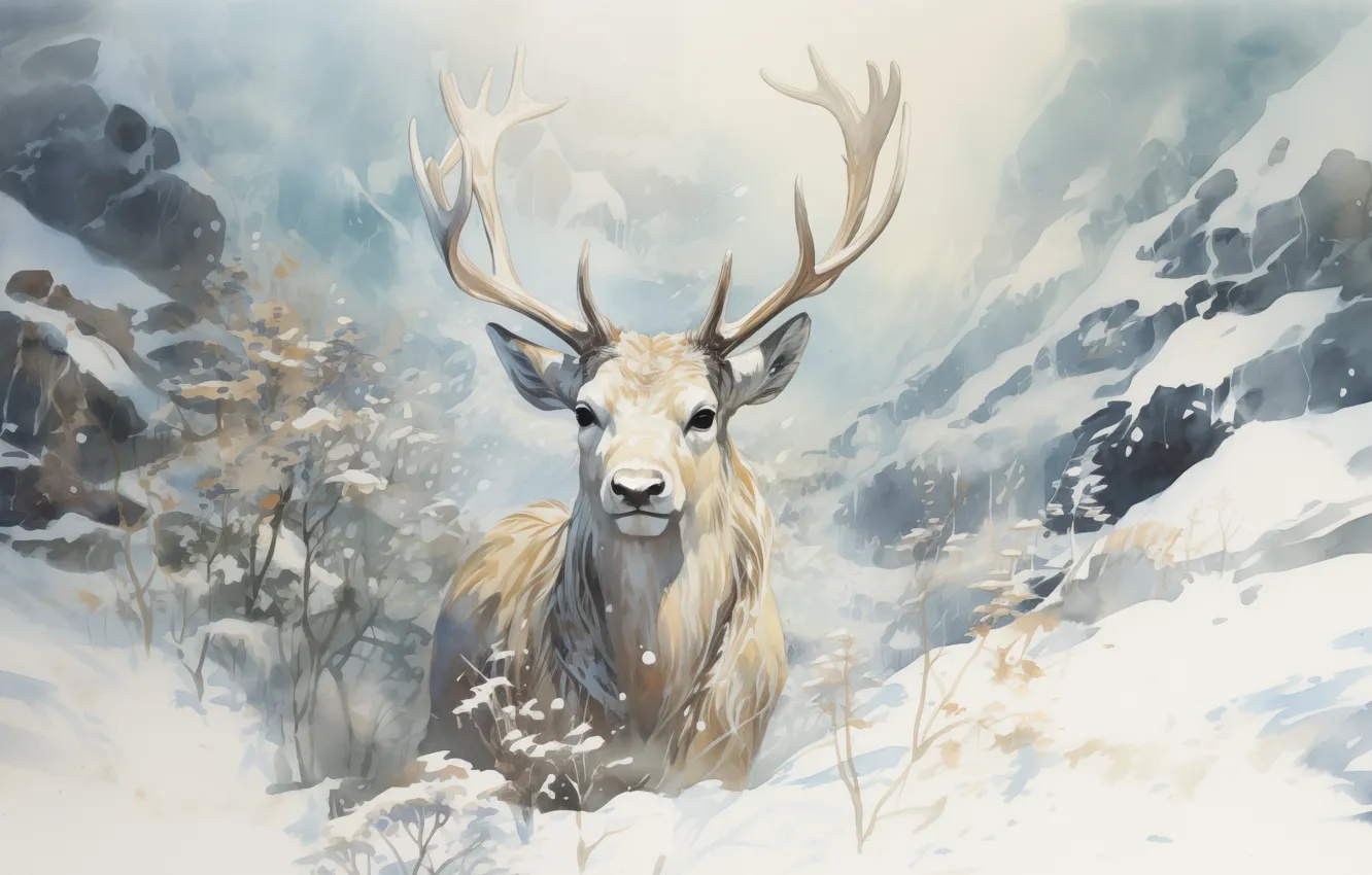 Фото обои animals, winter, snow, painting, digital art, deer, antlers, AI art