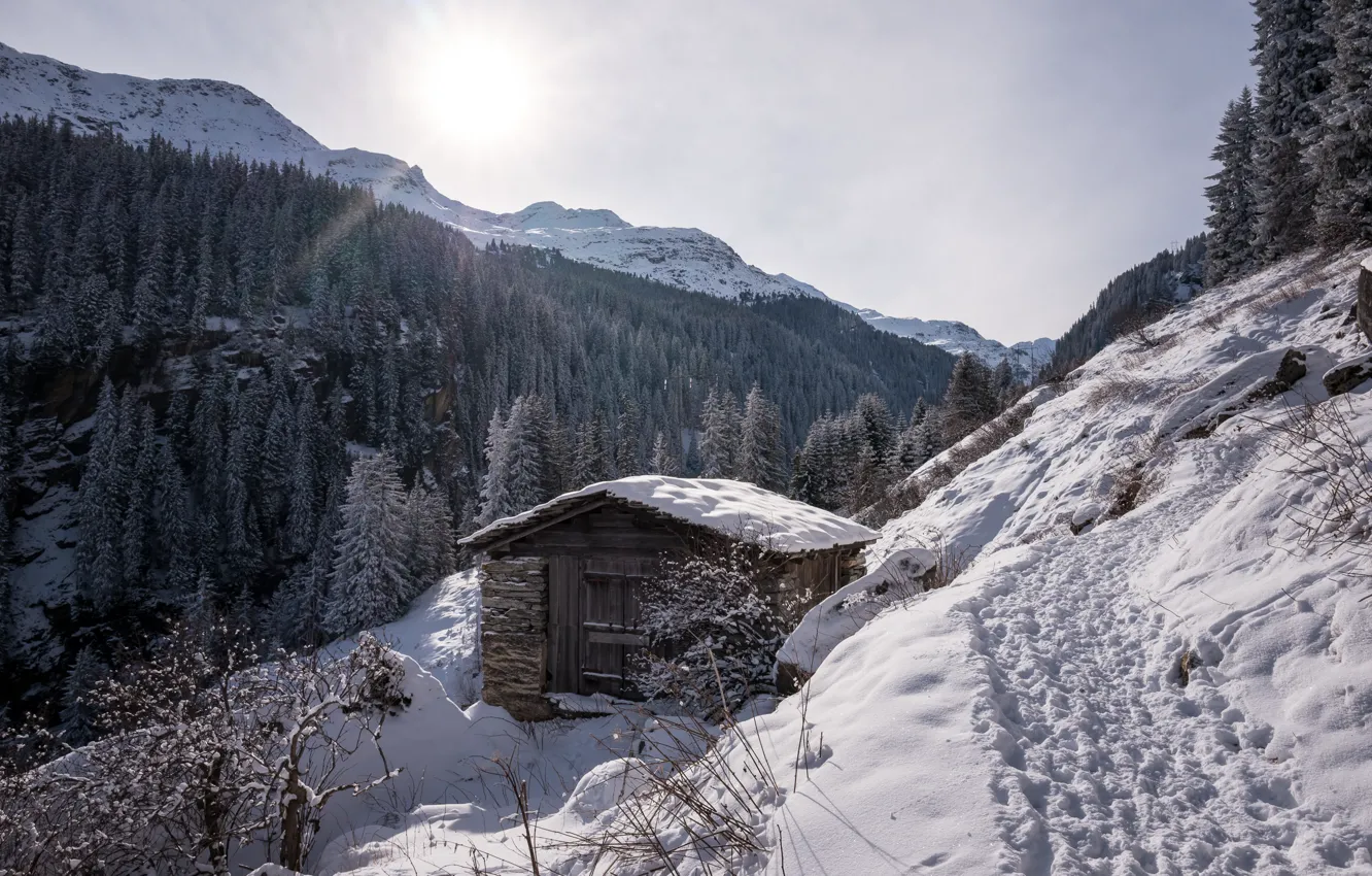 Фото обои зима, горы, дом