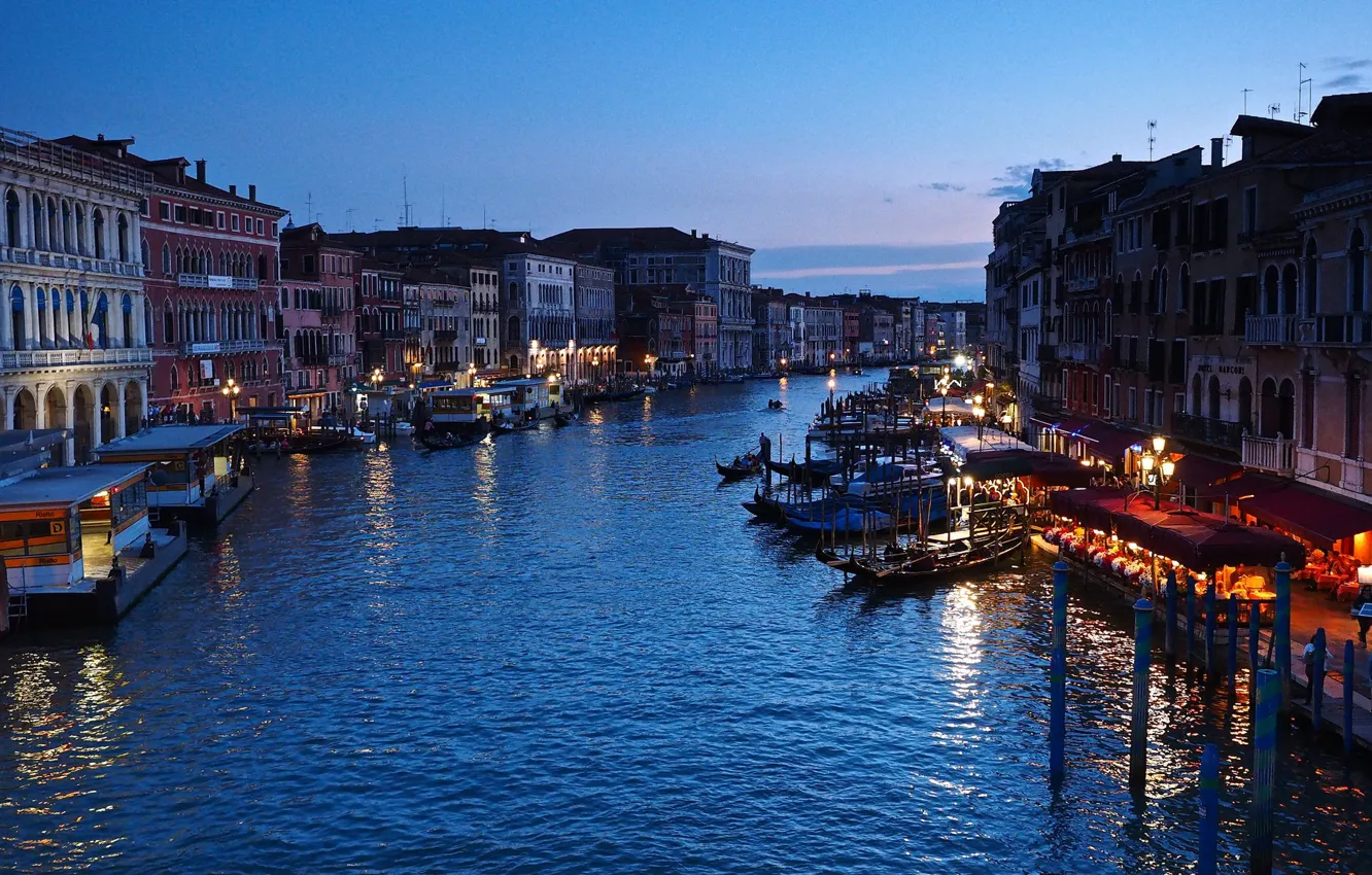 Фото обои огни, лодки, вечер, Италия, Венеция, Grand Canal