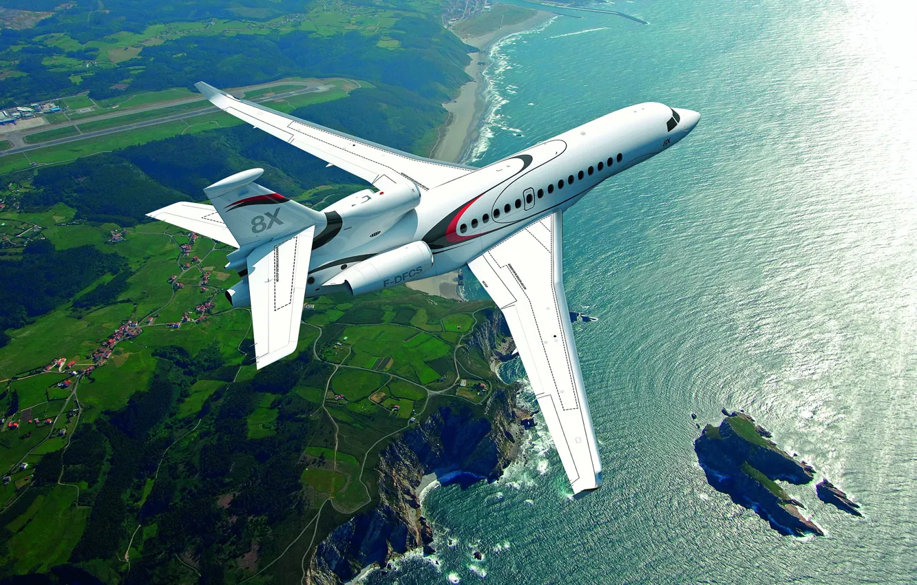 Фото обои Море, Самолет, Остров, Скала, ВПП, Dassault Aviation, Dassault Falcon 8X, Бизнес-джет