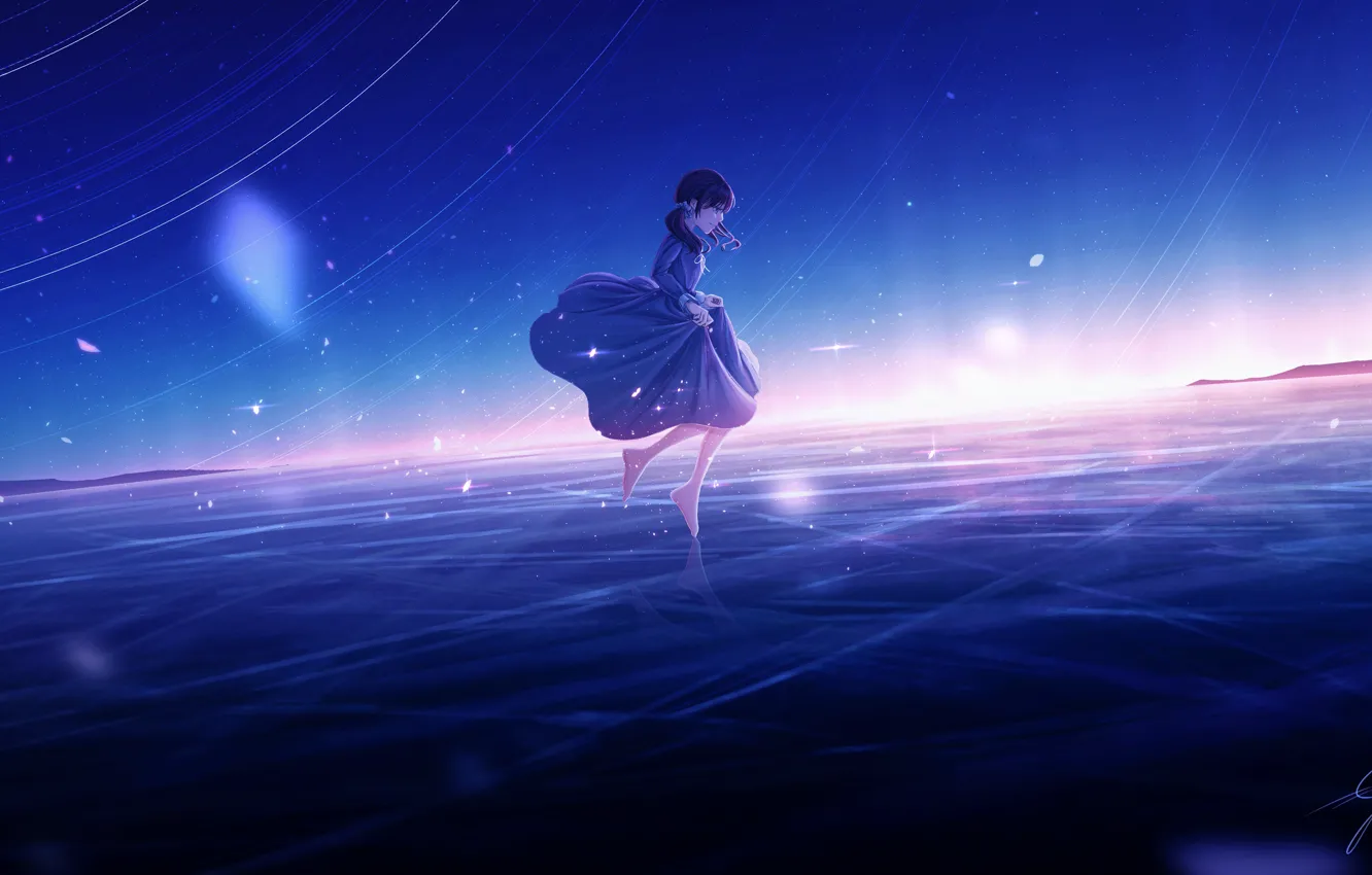 Фото обои лед, небо, девушка, бежит, Nengoro