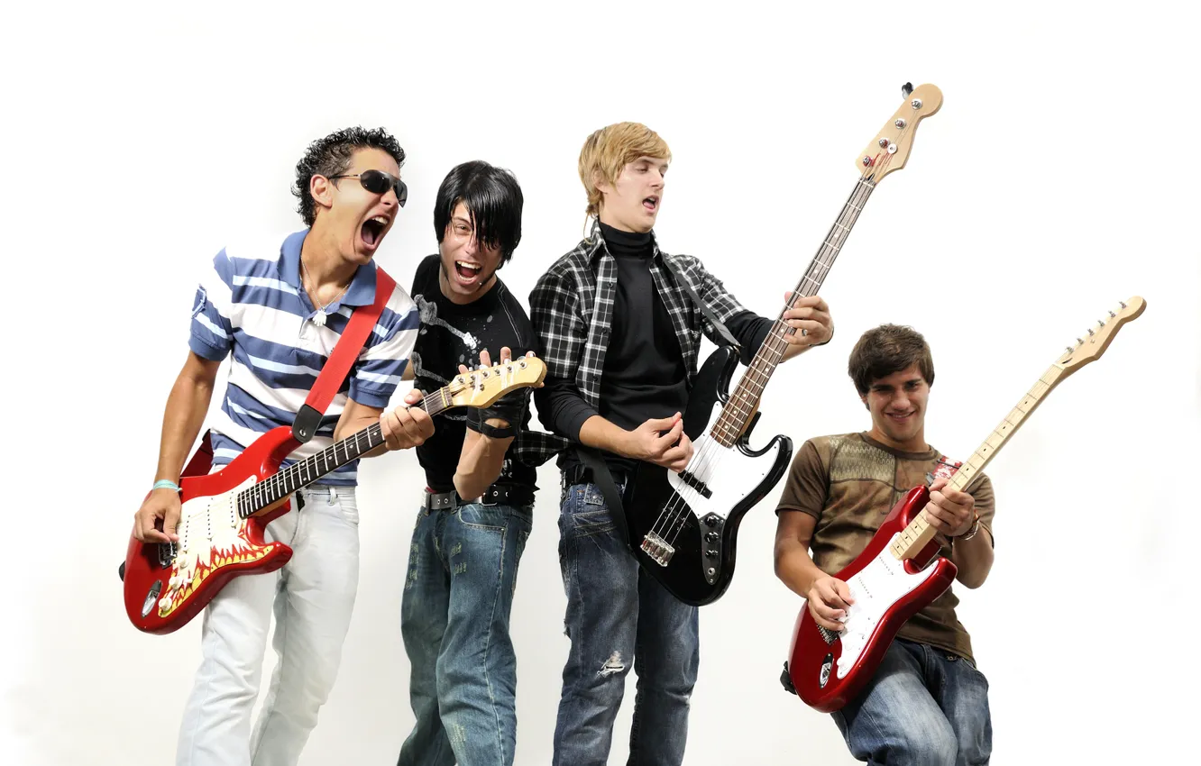 Фото обои музыка, гитары, группа, белый фон, парни, мужчины, рок-н-ролл, музыканты