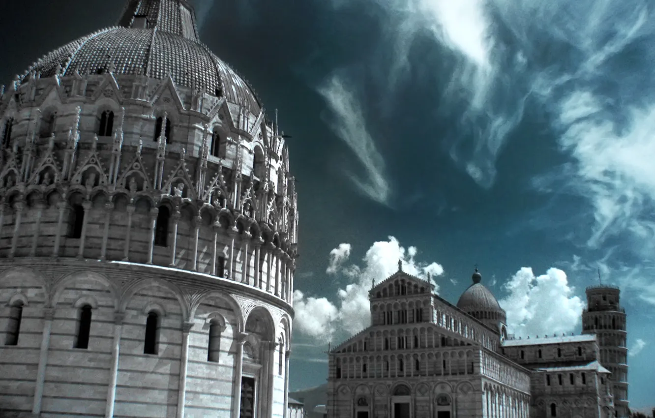 Фото обои башня, Италия, собор, Пиза, баптистерий, инфракрасный снимок