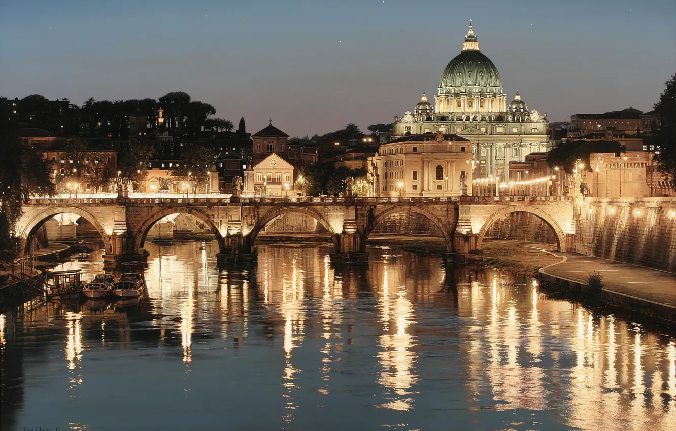 Фото обои мост, город, огни, река, Рим, Италия, искусство, Rod Chase