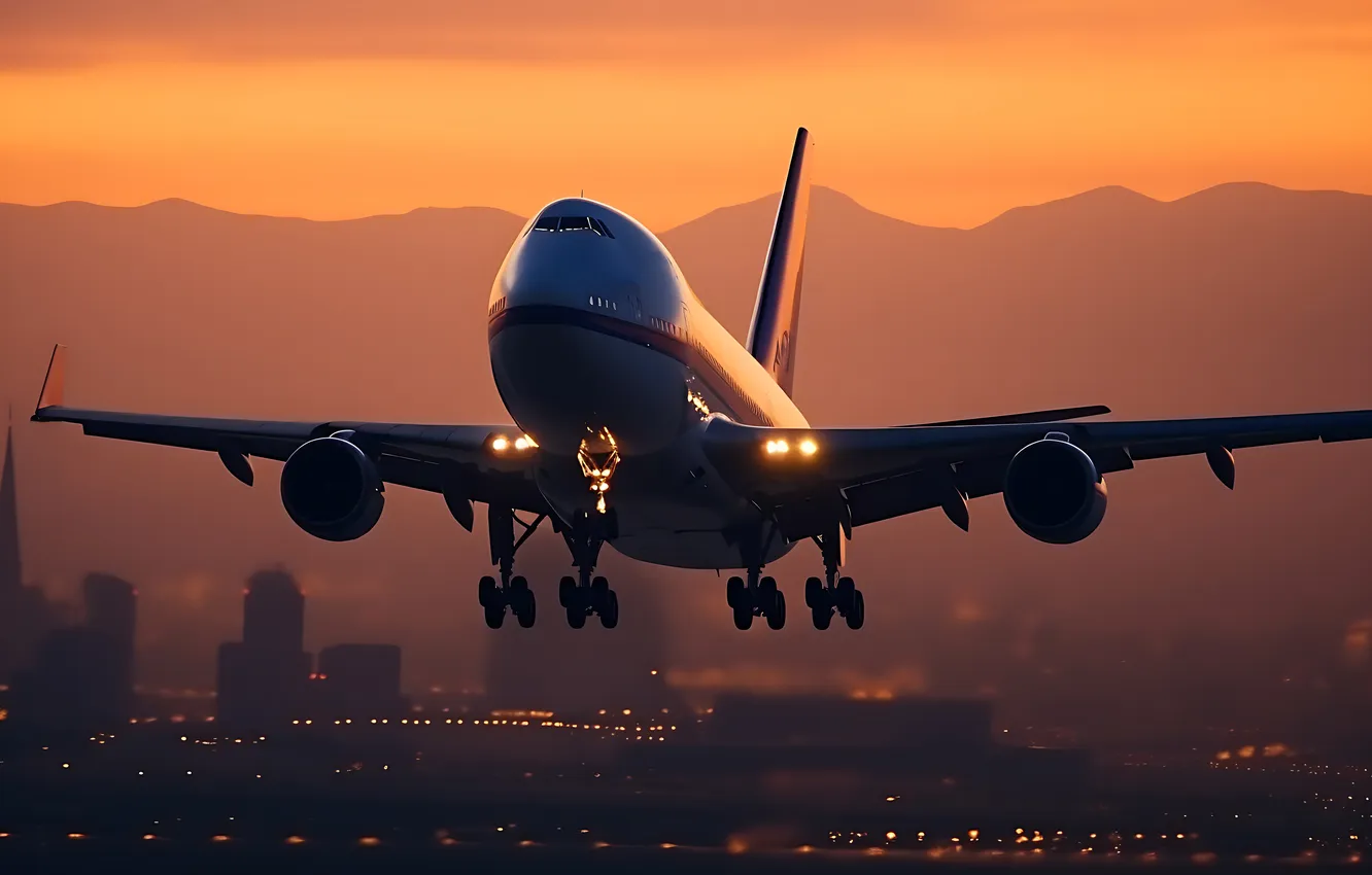 Фото обои Самолет, Лайнер, Рассвет, Взлет, Цифровое искусство, Boeing 747, ИИ-арт, Искусство искусственного интеллекта