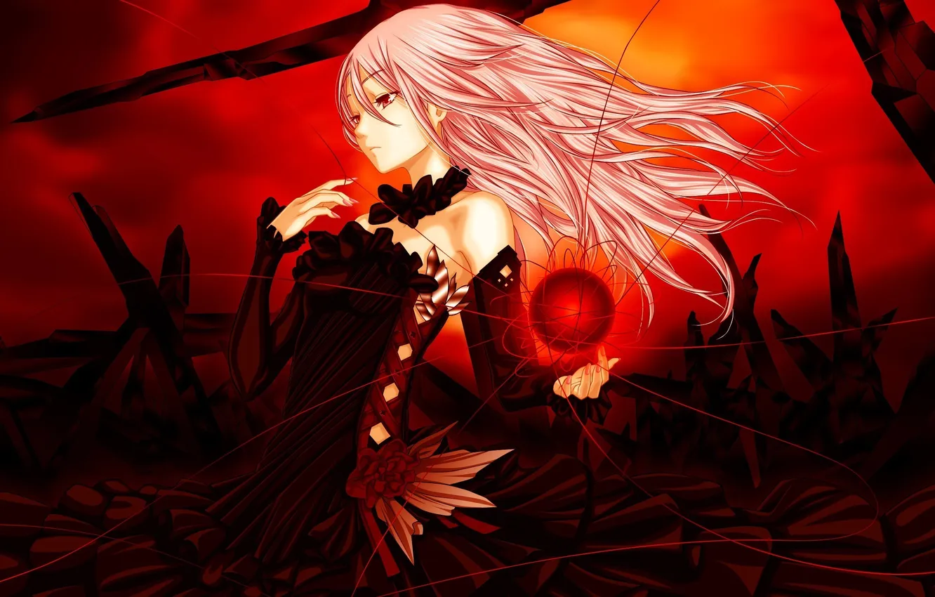 Фото обои девушка, шар, платье, арт, сфера, redjuice, нити, guilty crown