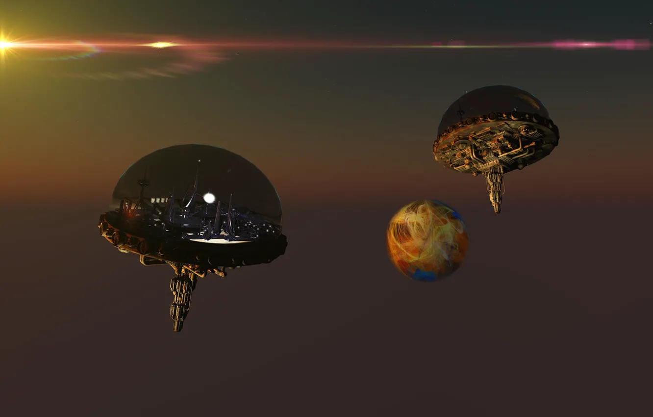 Фото обои космос, звезды, планета, Cities in Space, city planet puck