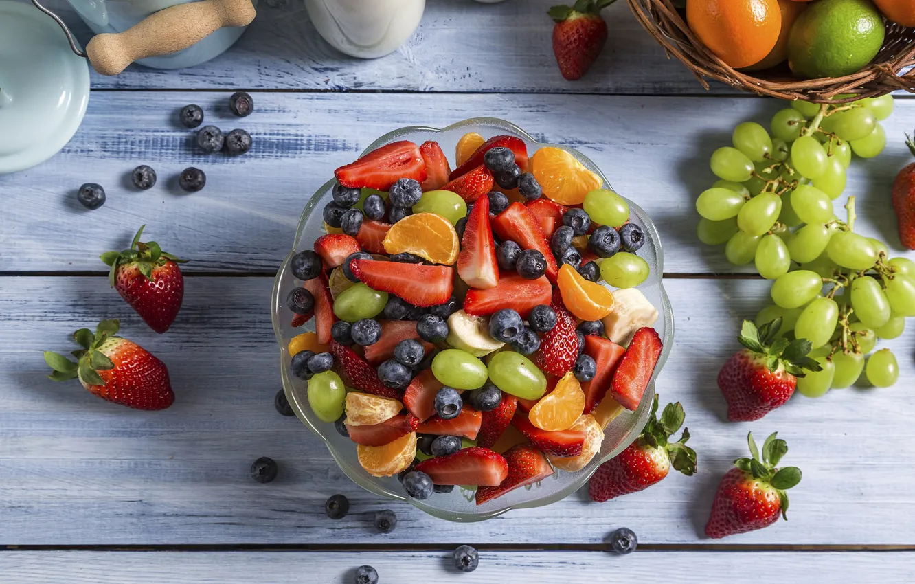Фото обои ягоды, клубника, виноград, фрукты, голубика, мандарин