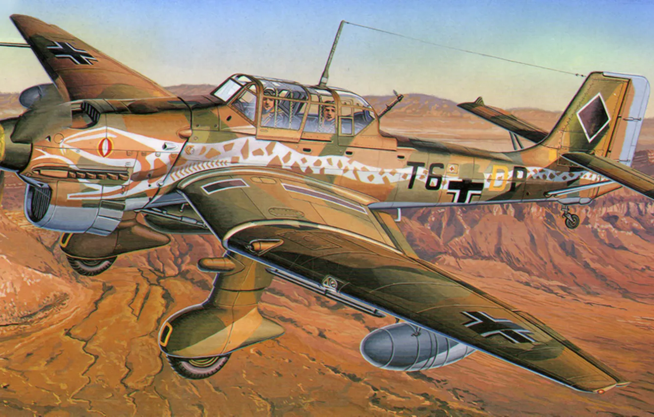 Фото обои war, art, airplane, painting, aviation, ww2, Junkers Ju87R-2 Stuka &ampquot;desert snake&ampquot;