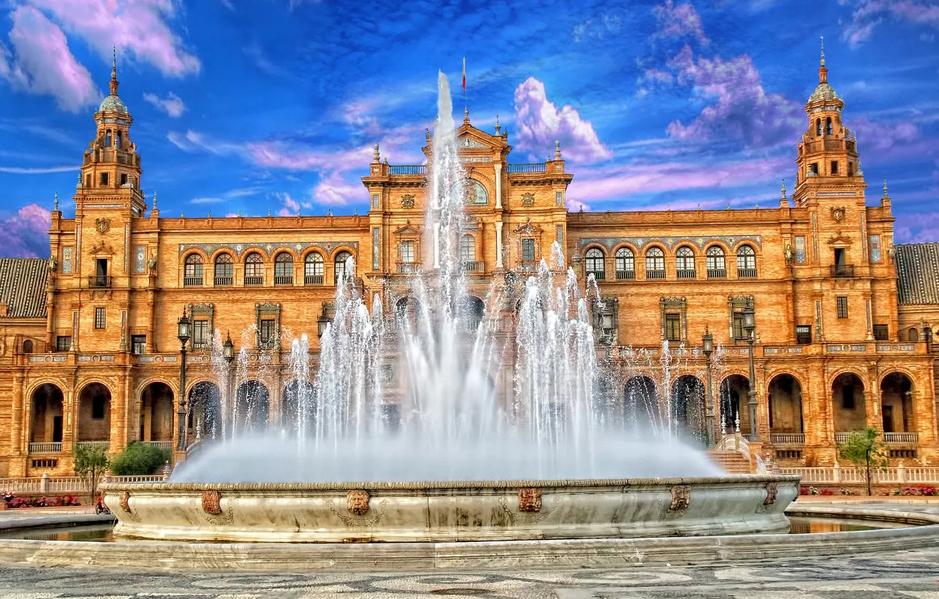 Фото обои небо, фонтан, Испания, дворец, Севилья, площадь Испании