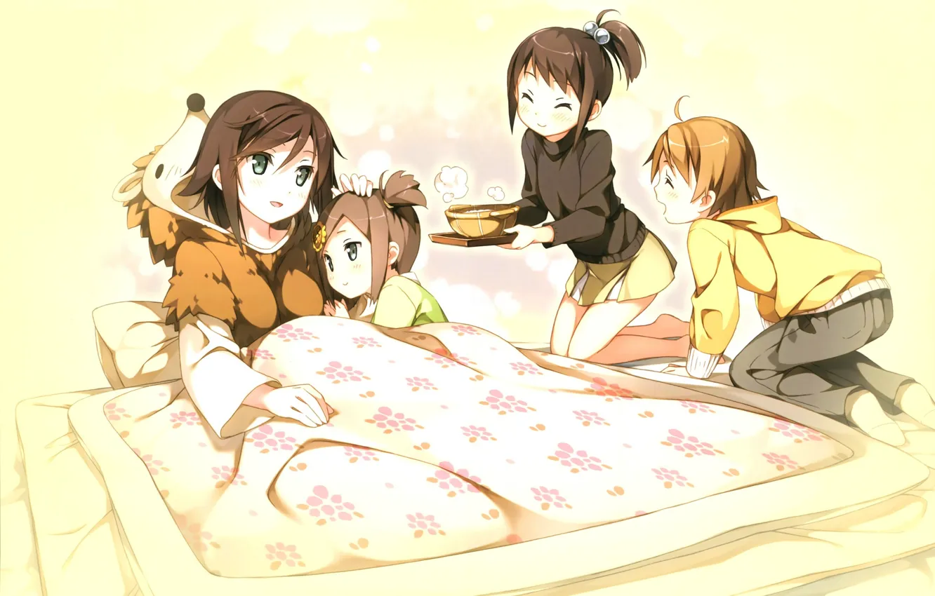 Фото обои дети, постель, пижама, поднос, tsukiko tsutsukakushi, ouji to warawanai neko, youto uokodera, tsukishi