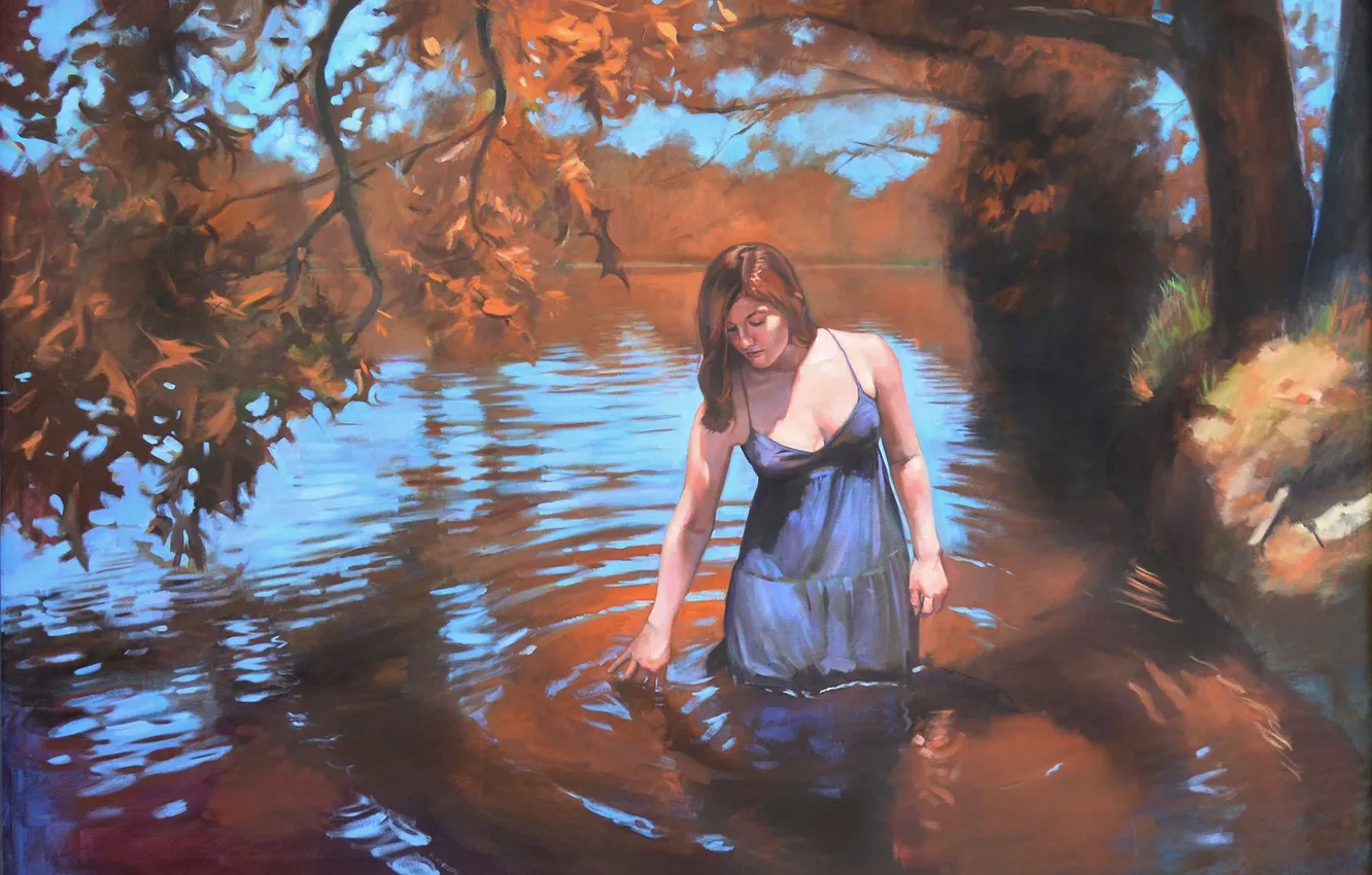 Фото обои осень, задумчивость, река, дерево, листва, нарисованная девушка