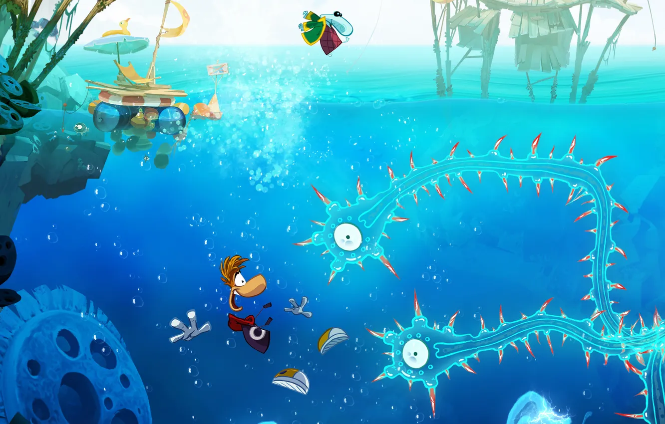 Фото обои синий, игра, медузы, щупальцы, Рэйман, водный мир, Rayman Origins, Тинси