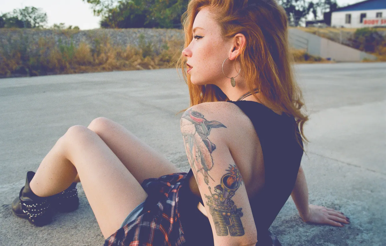 Фото обои girl, woman, model, tattoo, redhead, tattoos, Hattie Watson, female