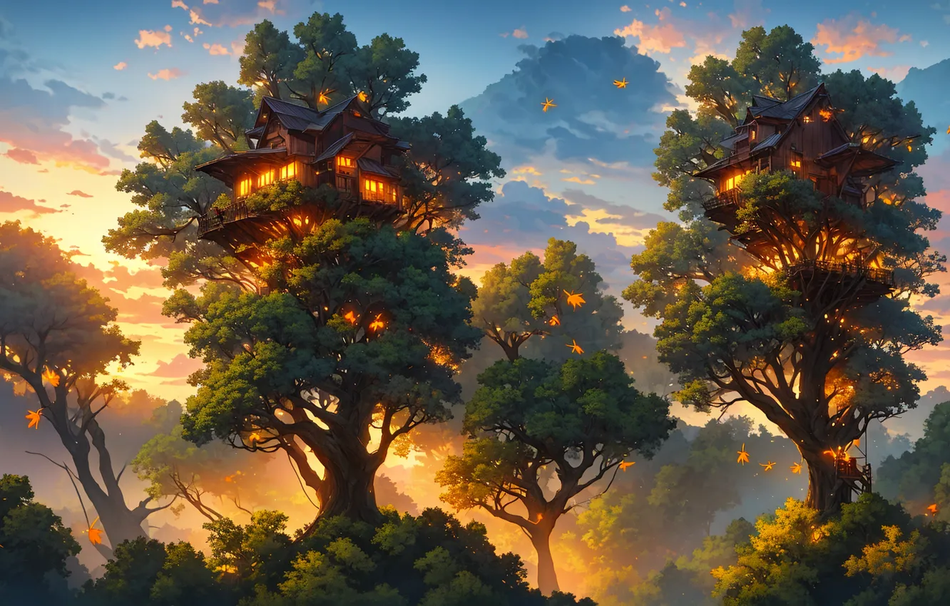 Фото обои House, wallpaper, Fantasy, Sunset, Forest, Trees