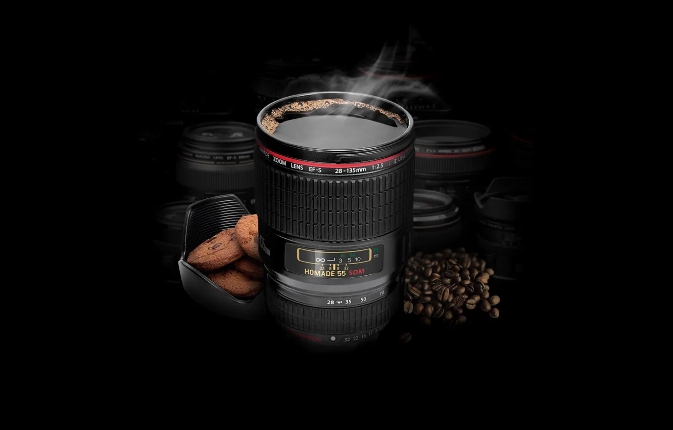 Фото обои кофе, печенье, black, зерна кофе, beans, lens, coffe, cookies