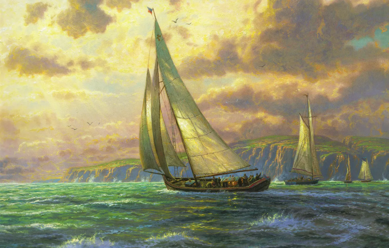 Фото обои море, волны, парус, живопись, sea, Томас Кинкейд, парусники, painting