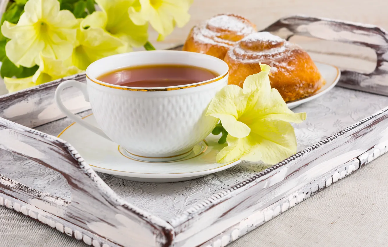 Фото обои чай, завтрак, выпечка, поднос, булочки