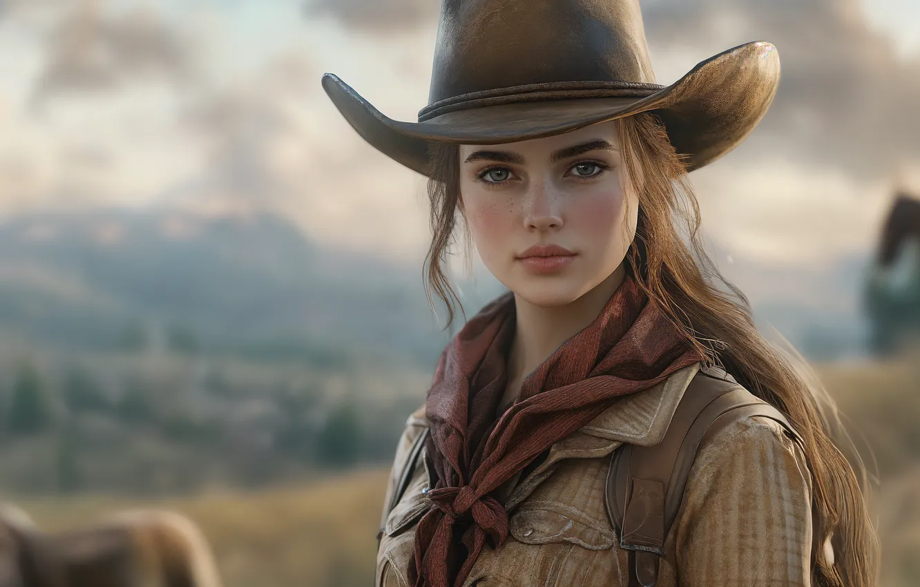 Фото обои girl, hat, eyes, cowgirl, ai art