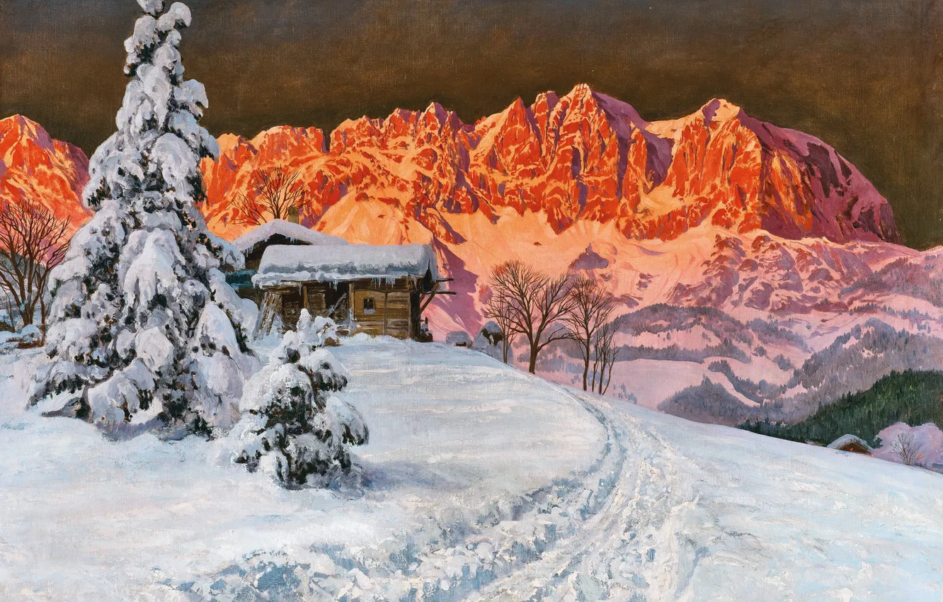 Фото обои Зима, Горы, Деревья, Снег, Дом, Картина, Alois Arnegger, Алоис Арнеггер