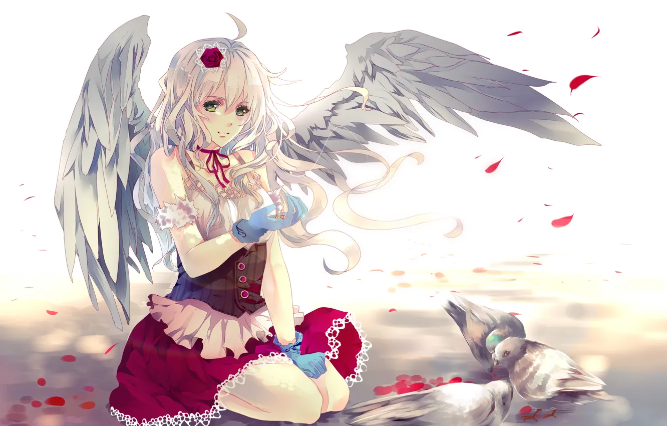 Фото обои девушка, птицы, роза, крылья, лепестки, арт, голуби, aiki-ame